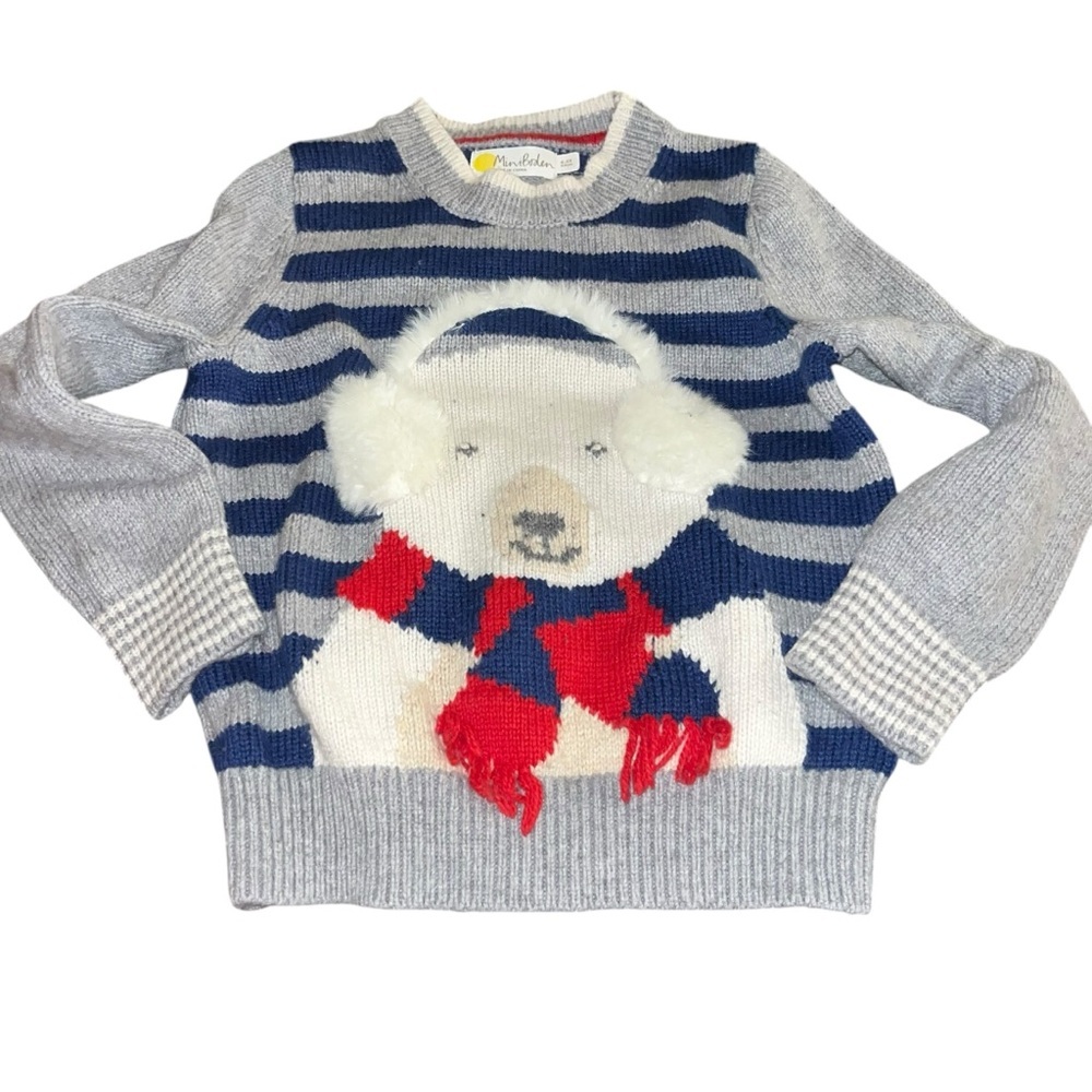 Mini boden gray blue striped sweater polar bear scarf ear muffs 4t 5t xs 4y 5y